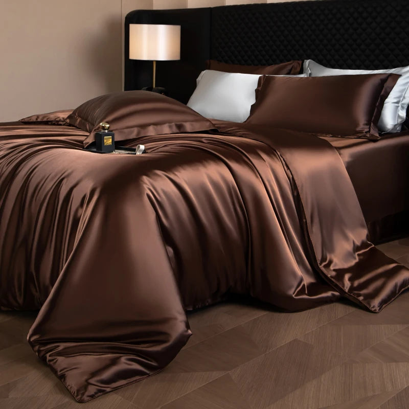 Silk Bed Sheets Set Luxury Bedding Set with Duvet Cover Fitted/Flat Bedheet Pillowcases Mixed with Rayon King Queen Full Twin