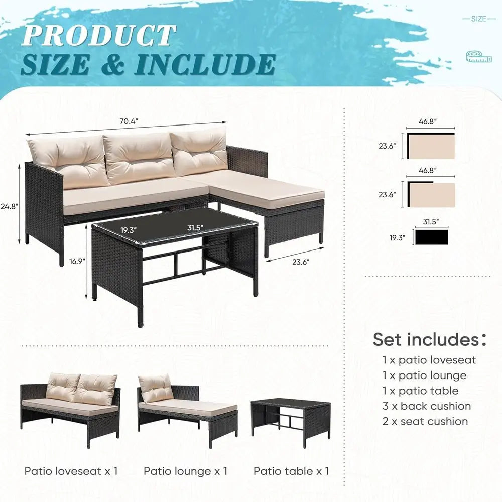 Light Beige 3-Piece Outdoor Wicker Sectional Sofa Set with Cushions and Coffee Table for Patio, Garden, Porch, Poolside