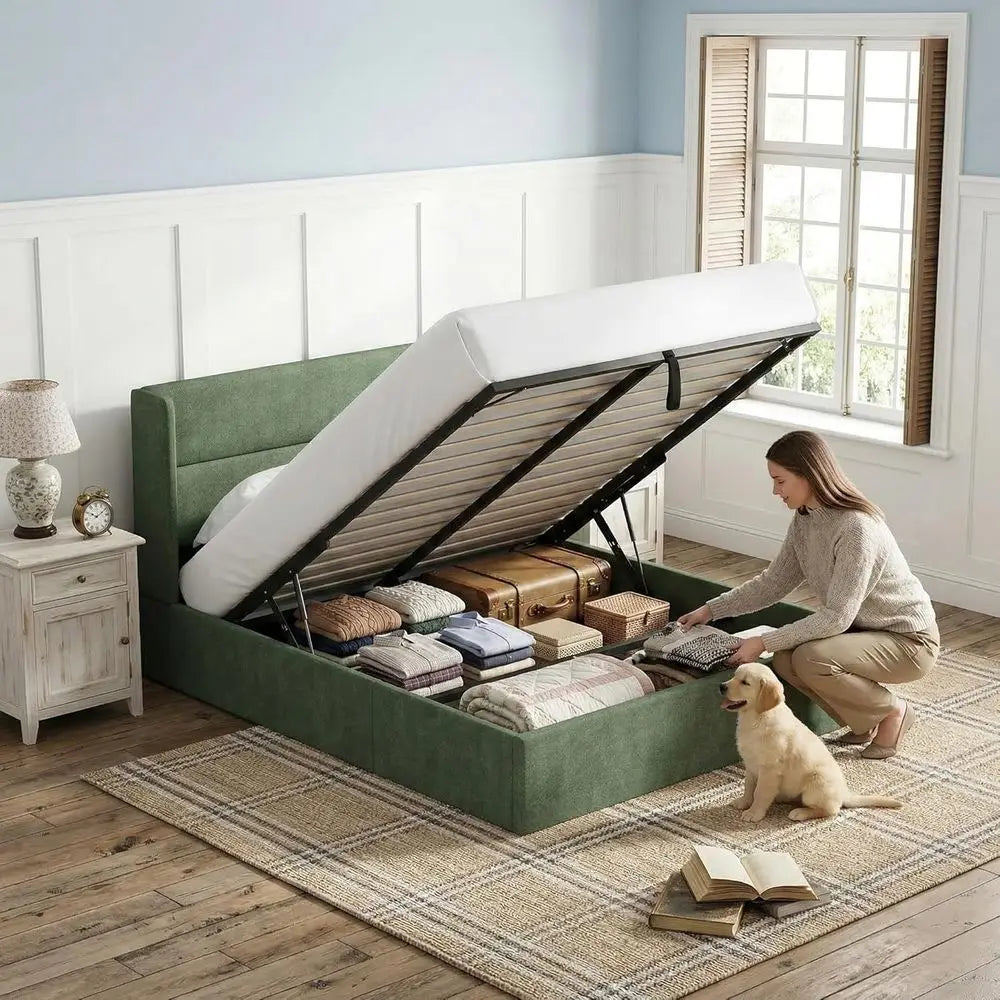 Queen Size Lit Up Storage Bed e, ern Wingback board, lannel abric Upholstered Platorm Bed with Hydraulic, Wooden Slat Support, N