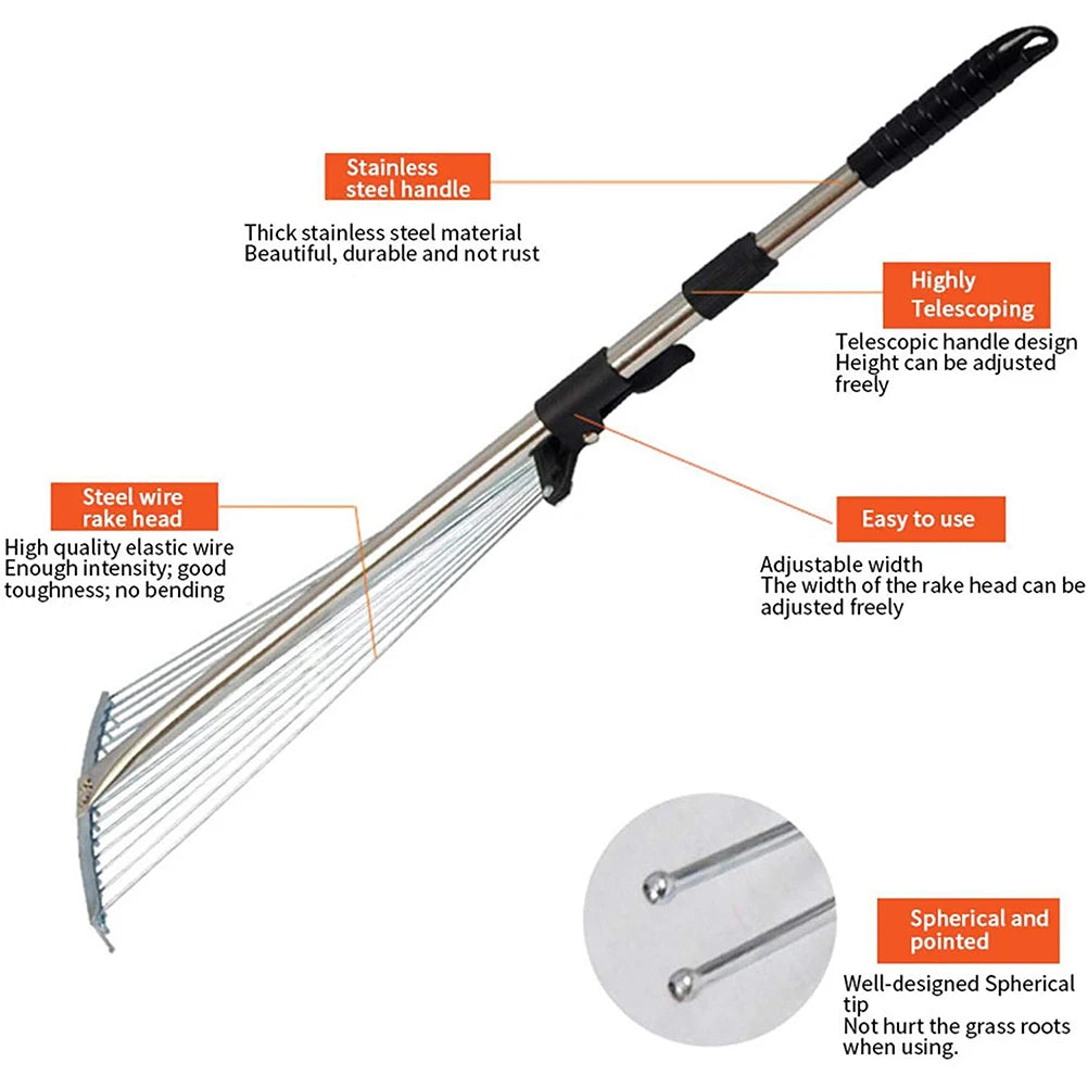 E2 Adjustable Garden Leaf Rake Telescopic Hoe Grass Tool Multi Toothed Metal Rake for Deciduous Hay Grass of Lawn and Yard Tools