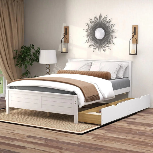 Full Size Platform Bed Frame Wood Headboard Footboard 2 Drawers Under Storage Slats No Box Spring White, Customized