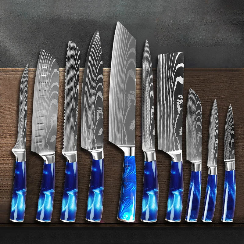 Japanese Santoku Knife 10pcs Damascus Pattern Knives Set Chef's Knife Boning Knife Meat Cleaver Vegetable Slicing Knives