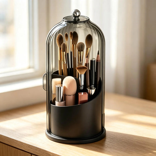Rotating Dustproof Toothbrush Holder Organizer, 360° Swivel Multi-Functional Caddy for Makeup Brushes & Toothpaste, Compact Space-Saving Bathroom Vanity Countertop Rack for Apartments