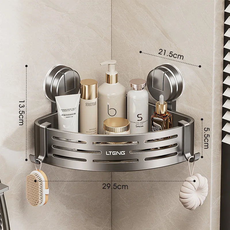 No-Drill Suction Cup Triangle Shower Basket - Stainless Steel, Rustproof, with Hooks for Bathroom Corner Storage of Shampoo Soap