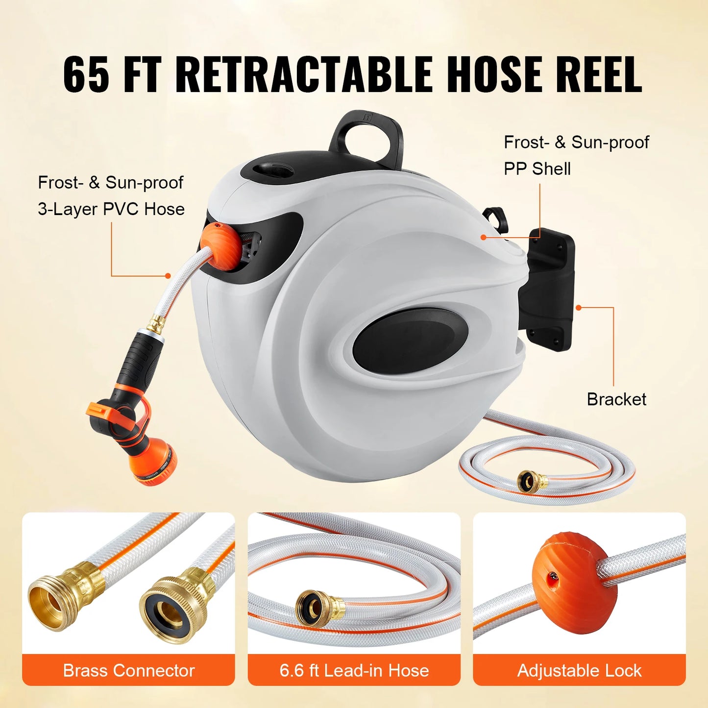 SucceBuy Retractable Hose Reel 180° Swivel Bracket Wall-Mounted Garden Water Hose Reel with 9-Pattern Nozzle Automatic Rewind