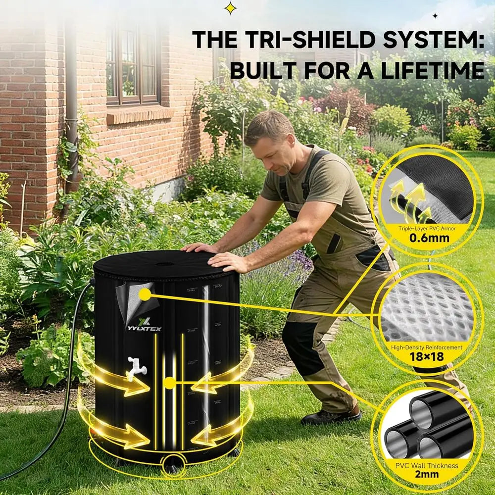 Collapsible 53 Gallon 200L Rainwater Collection Barrel with 2mm Reinforcement, Portable Rain Catcher, Quick-Connect Tap & Sprink