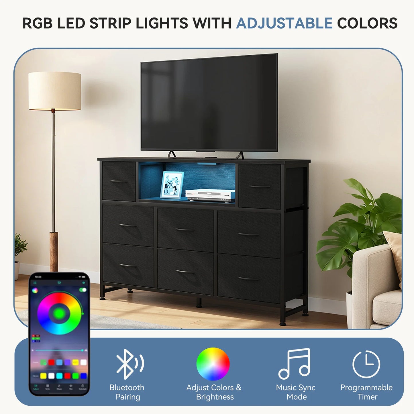 JHK LED TV Stand Dresser with 8 Fabric Drawers Entertainment Center with Charging Station and Open Shelves Wood Top Media Console for 45-55 inch