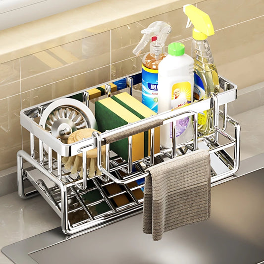 Stainless Steel Kitchen Sink Organizer: 24cm/12cm/10cm Drainage Rack for Cleaning Supplies & Sponge Storage