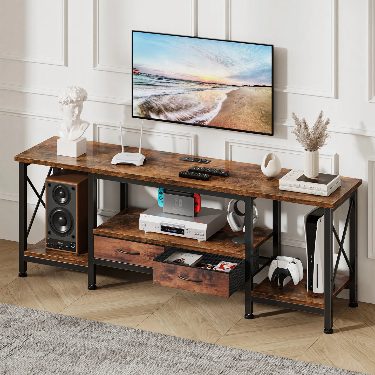 JHK Wooden TV Stand For Up To 70/75 Inch TV with Drawers Television Stands Media Console with Charging Station Drawers Shelf