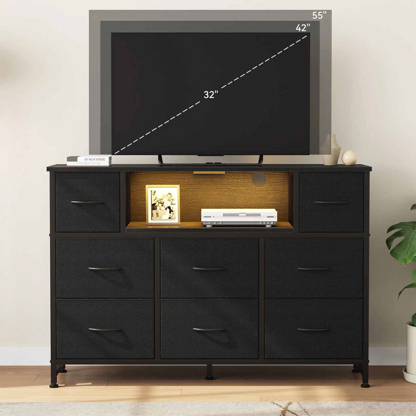 JHK LED TV Stand Dresser with 8 Fabric Drawers Entertainment Center with Charging Station and Open Shelves Wood Top Media Console for 45-55 inch