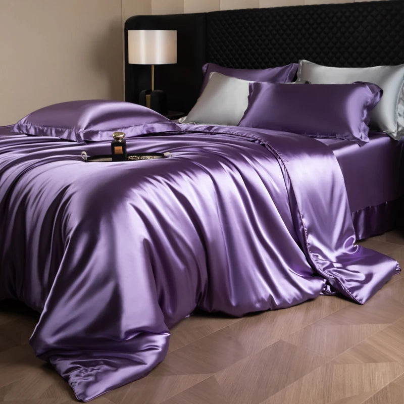 Silk Bed Sheets Set Luxury Bedding Set with Duvet Cover Fitted/Flat Bedheet Pillowcases Mixed with Rayon King Queen Full Twin